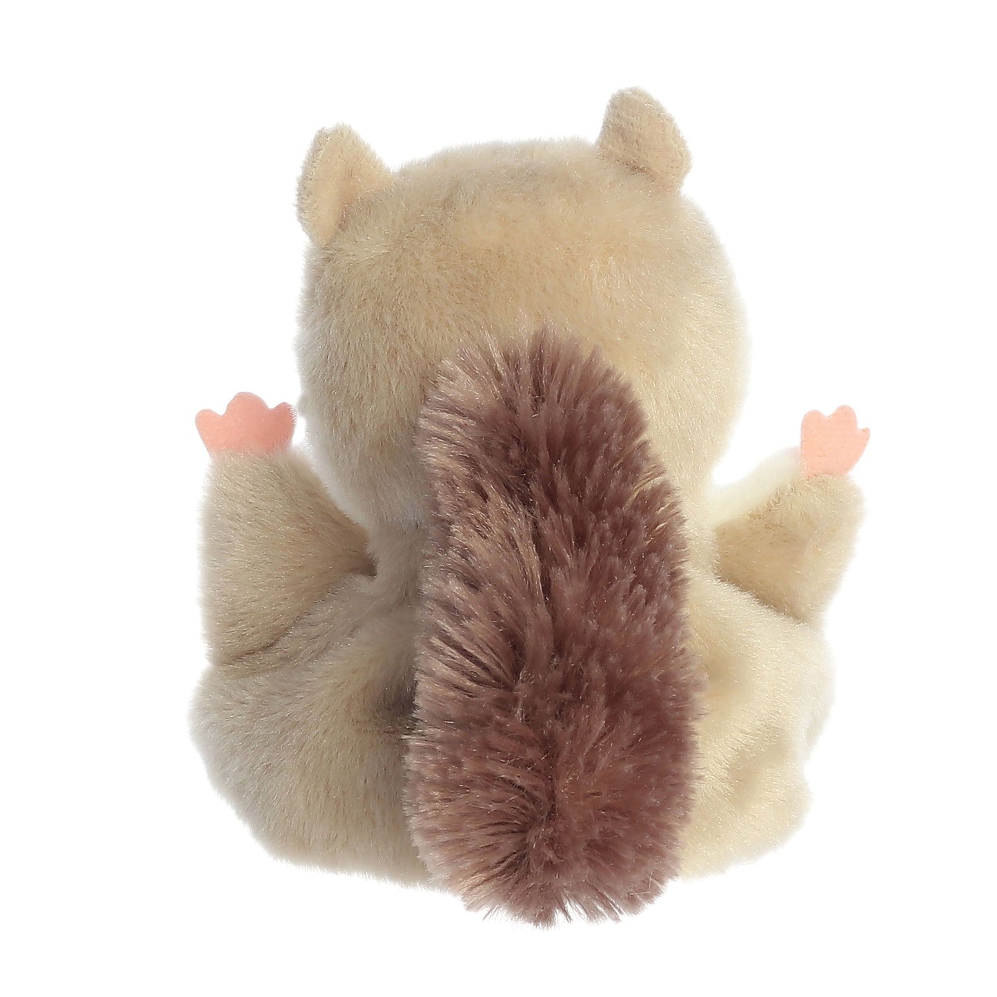 The Palm Pal Flaps Flying Squirrel by Twice as Sweet is a plush toy with soft tan fur, a bushy brown tail, pink felt paws, upright ears, and raised arms—an adorable addition to the Palm Pals collection.