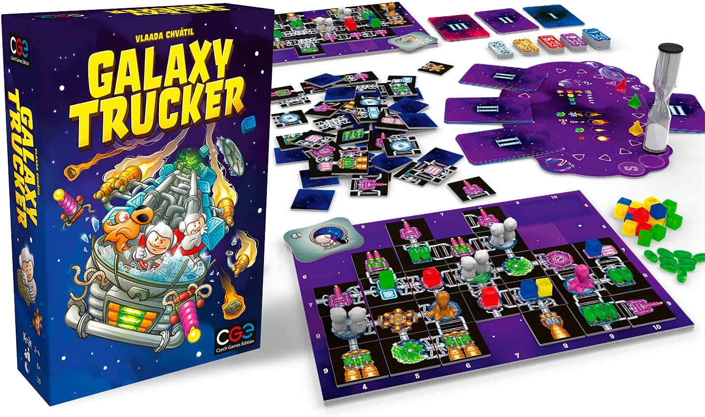 Board game set with 'Galaxy Trucker' packaging and game pieces on a white background