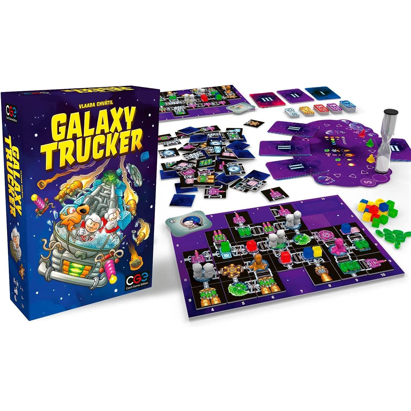 Board game set with 'Galaxy Trucker' packaging and game pieces on a white background