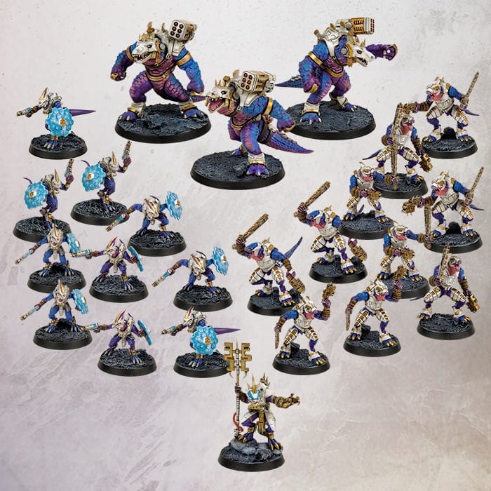 Collection of miniature figurines on a grey background for the One Page Rules Grimdark Future Saurian Starhost Core Expansion boxset
