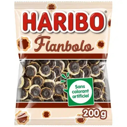 A 200g bag of Twice as Sweet Haribo Flanbolo (France) caramel vanilla gummies in a beige and brown pack, showing the candies inside. The label reads “Sans colorant artificiel,” highlighting this classic French treat.