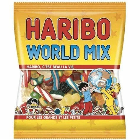 A 120g bag of Haribo World Mix gummy candy (France, BB: 10/25) from Twice as Sweet features fruity flavours in yellow packaging with red and blue text, fun character illustrations, and a clear window displaying the gummies.