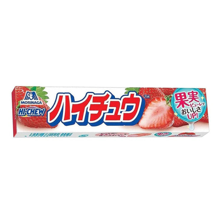 Enjoy Morinaga Hi-Chew Strawberry 55.2g (Japan) from Twice as Sweet, featuring vibrant Japanese packaging with bright red strawberries and a sliced strawberry image—a tasty treat for Japanese candy lovers.