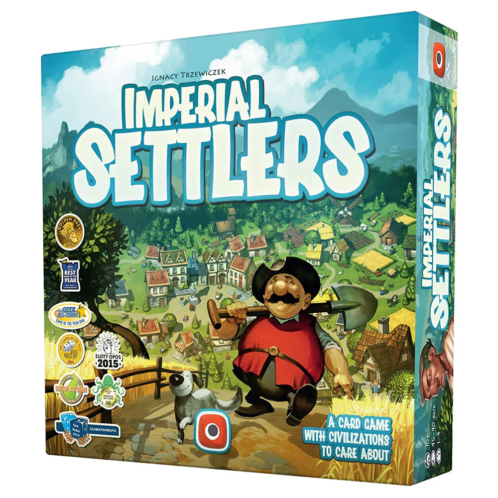 Board game box for 'Imperial Settlers' with a colorful illustration of a settler and landscape.