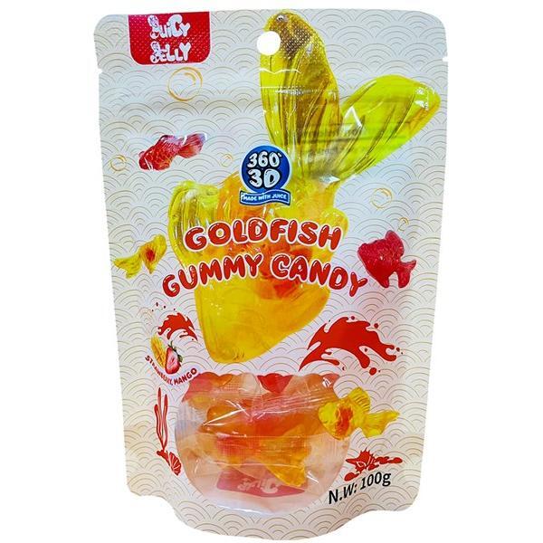 A 100g pack of Twice as Sweet Juicy Jelly 3D Gummy Goldfish (China) features colorful goldfish-shaped gummies, juicy mango flavor, and chewy texture, with playful packaging.