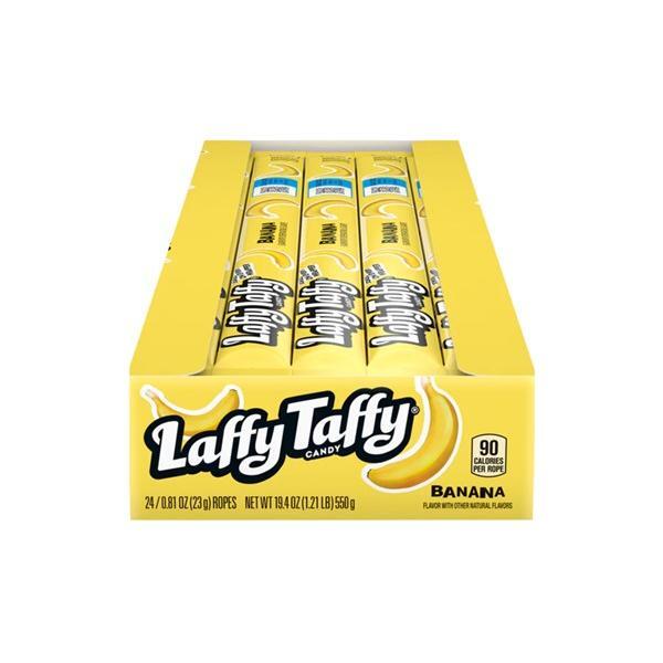 A yellow box of Twice as Sweet Laffy Taffy Rope Banana 23g (USA), featuring banana images and logo. The box holds 24 ropes with nutrition info shown on the front.