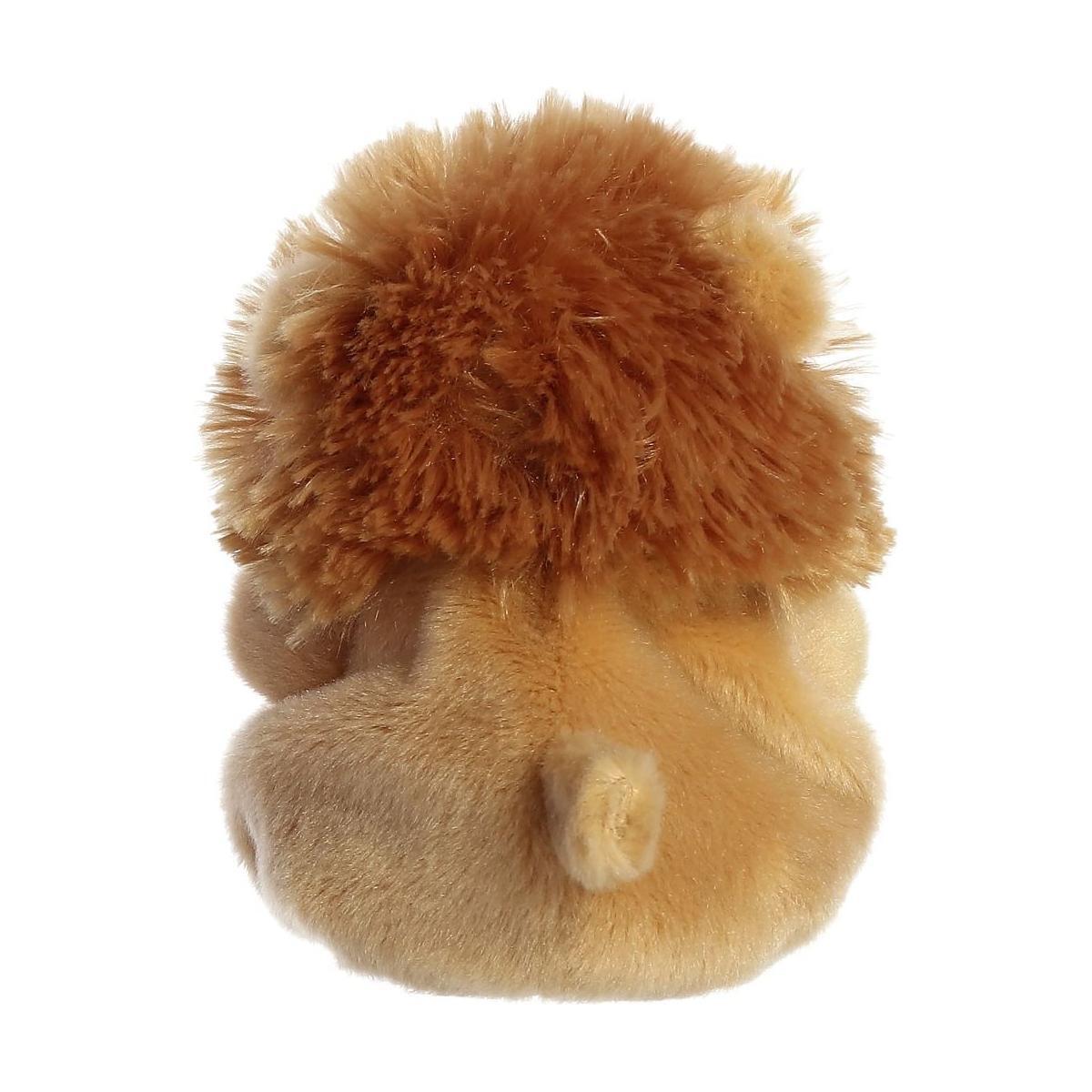 The Twice as Sweet Palm Pal Leno Lion plush toy is shown from the back, displaying its fluffy brown mane, small ears, and short tail. Made of soft light brown fabric, its perfect for a zoo party theme and sits against a white background.
