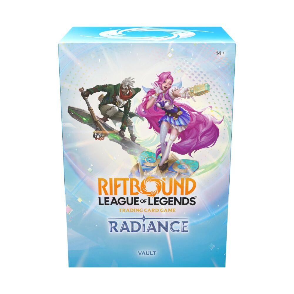 Riftbound League of Legends trading card game Vault box with characters on a blue background from the 'Radiance' set.