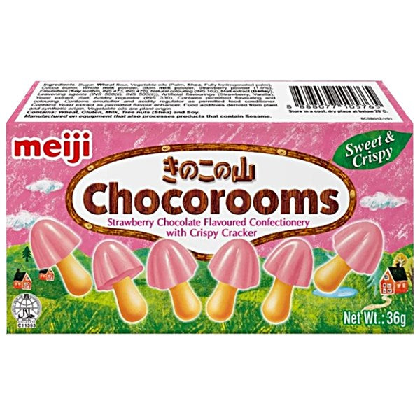 A pink box of Twice as Sweet Meiji Strawberry Chocoroom 36g (Japan) features mushroom-shaped snacks with strawberry chocolate caps and yellow stems, labeled Sweet & Crispy.