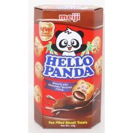 A red box of Twice as Sweets Meiji Hello Panda Chocolate Biscuits 43g (Singapore) features a cartoon panda, chocolate-filled biscuits, and text describing them as “biscuits with chocolate flavored filling.”.