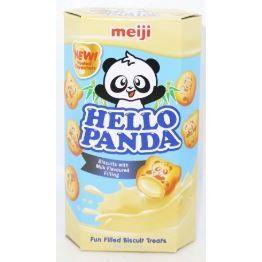 A yellow box of Twice as Sweet Meiji Hello Panda Milk Biscuits 43g (Singapore), featuring a cartoon panda, Fun Filled Biscuit Treats text, and images of milk-filled biscuits with panda designs on the front.