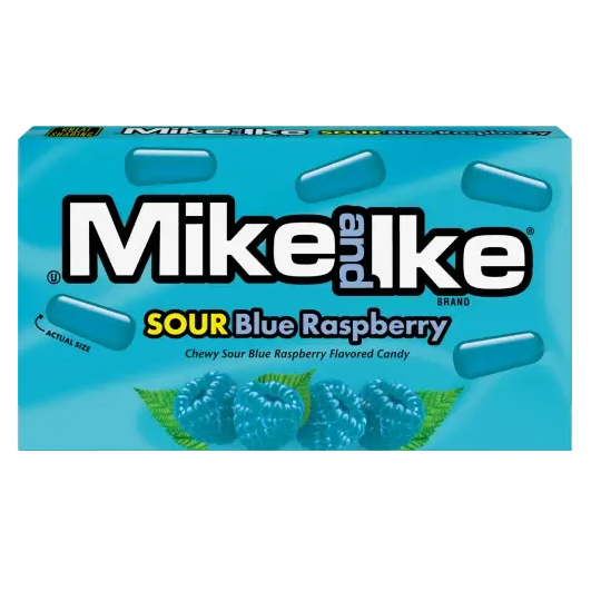 Twice as Sweet Mike and Ike Sour Blue Raspberry 120g (USA) chewy candy, with bold branding and juicy blue raspberry images on a bright blue background—a perfect treat for sour candy fans.