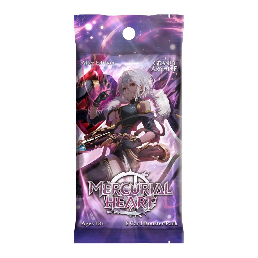 Card booster pack for 'Grand Archive Mercurial Heart' with character illustration on a purple background