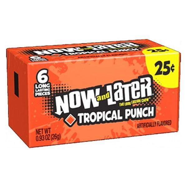 A box of Twice as Sweet Now and Later Tropical Punch 6 Pieces 26g (USA) chewy candy, with bright orange packaging showing 6 long lasting pieces, 25ยข, and artificially flavored on the front.