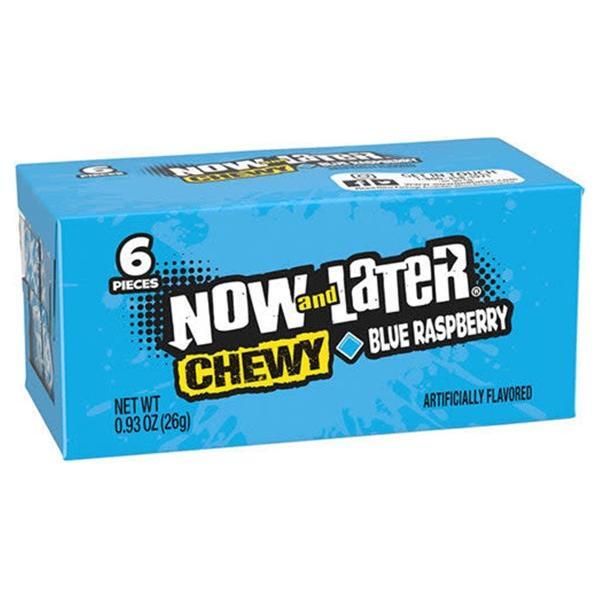 A blue box of Twice as Sweet Now and Later Blue Raspberry candy (6 pieces, 26g/0.93oz, USA) features bold white and yellow text and states artificially flavored.