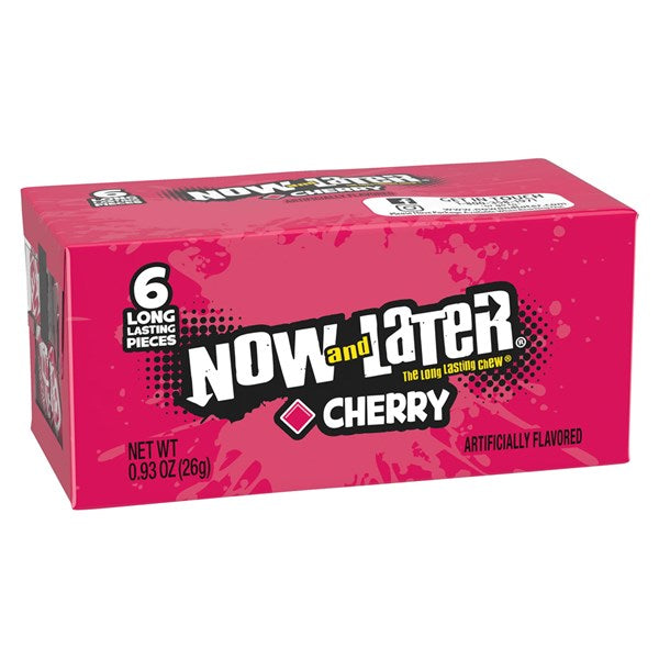 A pink box of Twice as Sweet Now and Later Cherry 6 Pieces (26g, USA) features bold white and black text, highlighting its classic artificial cherry flavor and long-lasting chews. Net weight: 0.93 oz (26g).