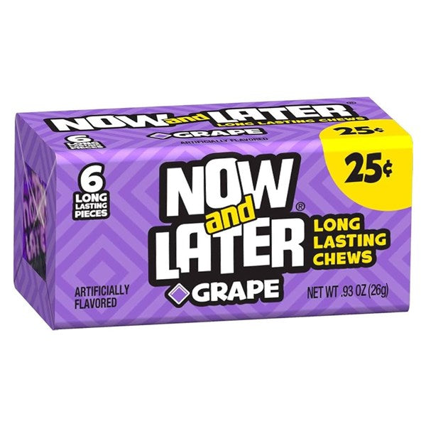 A purple box of Twice as Sweet Now and Later Grape 6 Pieces (26g, USA), an iconic chew candy, contains six grape-flavored chews. The packaging states 25¢, artificially flavored, and highlights the fruity flavor and brand.