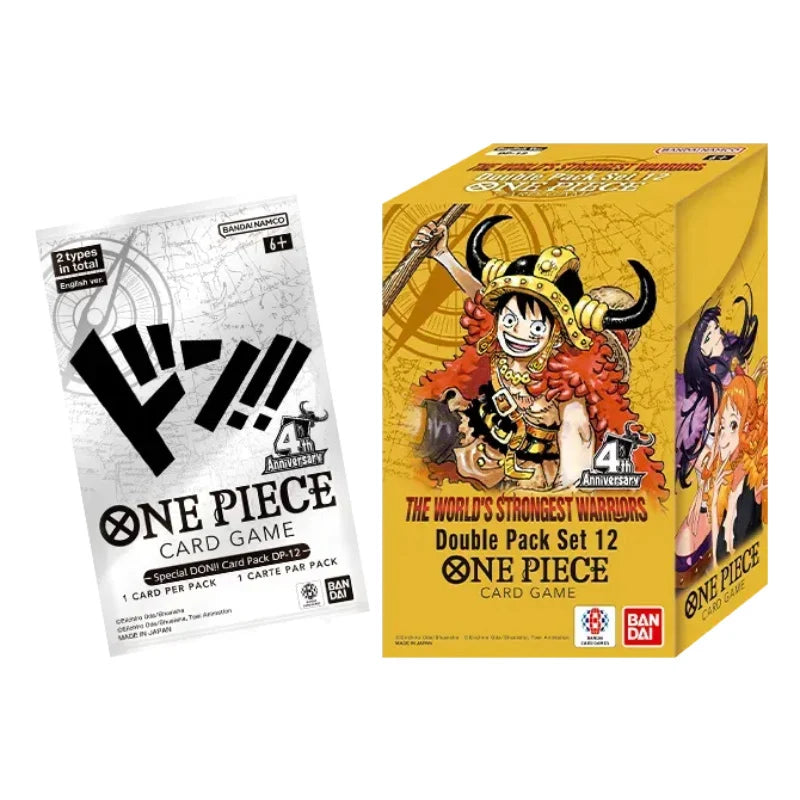 One Piece Card Game Double Pack Set 12 box and a single card pack shown on a plain white background. The box is yellow with anime character artwork and the text 'The World's Strongest Warriors' and 'One Piece Card Game.