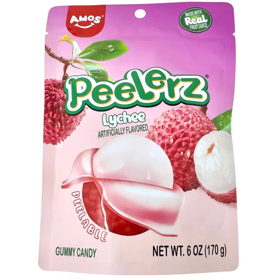 A colorful 170g package of Twice as Sweet Peelerz Gummy Lychee candy (China), featuring lychee fruit images and peelable gummies, with "Made with Real Fruit Juice" highlighted on the front.