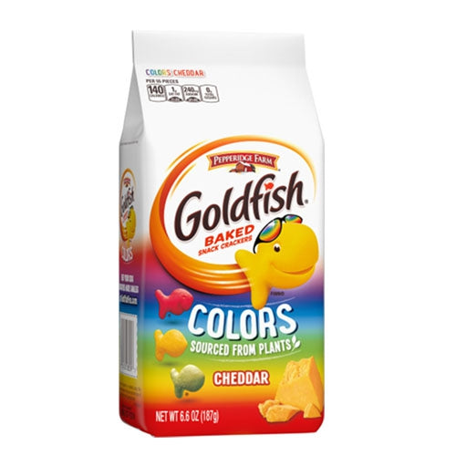 A 187g bag of Twice as Sweet Pepperidge Farm Goldfish Colors (USA) features colorful, plant-based cheddar fish crackers in a rainbow-themed package.