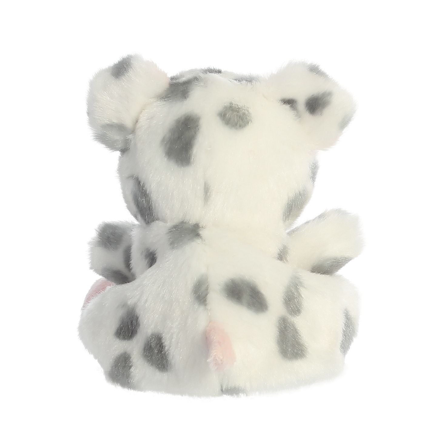 The Twice as Sweet Palm Pal Piggles Spotted Piglet is a palm-sized plush toy shaped like a piglet, shown from the back, with white fur, gray spots, round ears, and a soft, fluffy texture.