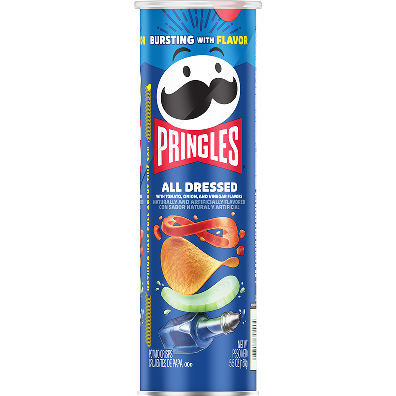 A tall blue can of Twice as Sweet Pringles All Dressed (158g, USA) with the mascot, bold crisps, and a design featuring onion, tomato, and vinegar—an ultimate snack. Net weight: 5.5 oz.
