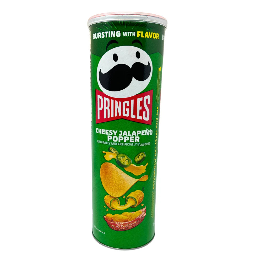 The Twice as Sweet Pringles Cheesy Jalapeno Popper 158g can from the USA features the Pringles logo and visuals of cheese, jalapenos, and crisps—ideal for fans of cheesy, spicy snacks.
