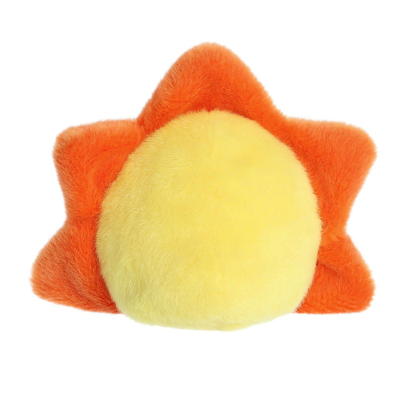 The Twice as Sweet Palm Pal Rae Sun plushie, featuring orange points and a soft, round yellow center, is inspired by Rae Sun and rests against a white background.
