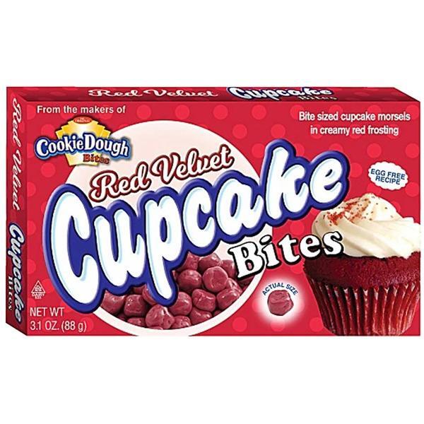 A red box of Twice as Sweet Red Velvet Cupcake Cookie Dough Bites 88g (USA) features bite-sized red morsels and a frosted cupcake, highlighting an egg-free recipe and creamy red frosting.
