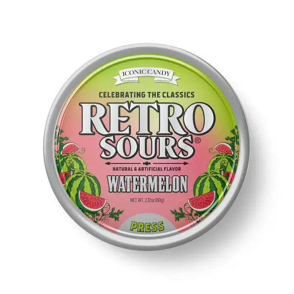 A round metal tin of Twice as Sweet Retro Sours Watermelon 60g (USA) features green and pink hues, watermelon art, and “Celebrating the Classics” text—ideal for fans of nostalgic sour candies.