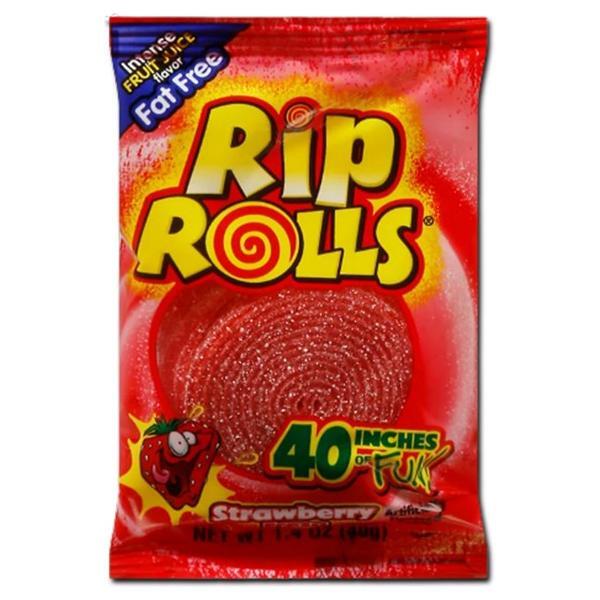 A red package of Twice as Sweet Rip Rolls Strawberry 40g (Thailand) shows a coiled sour sugar strip, labeled Fat Free, 40 inches of fun, and features a cartoon strawberry character at the bottom left.