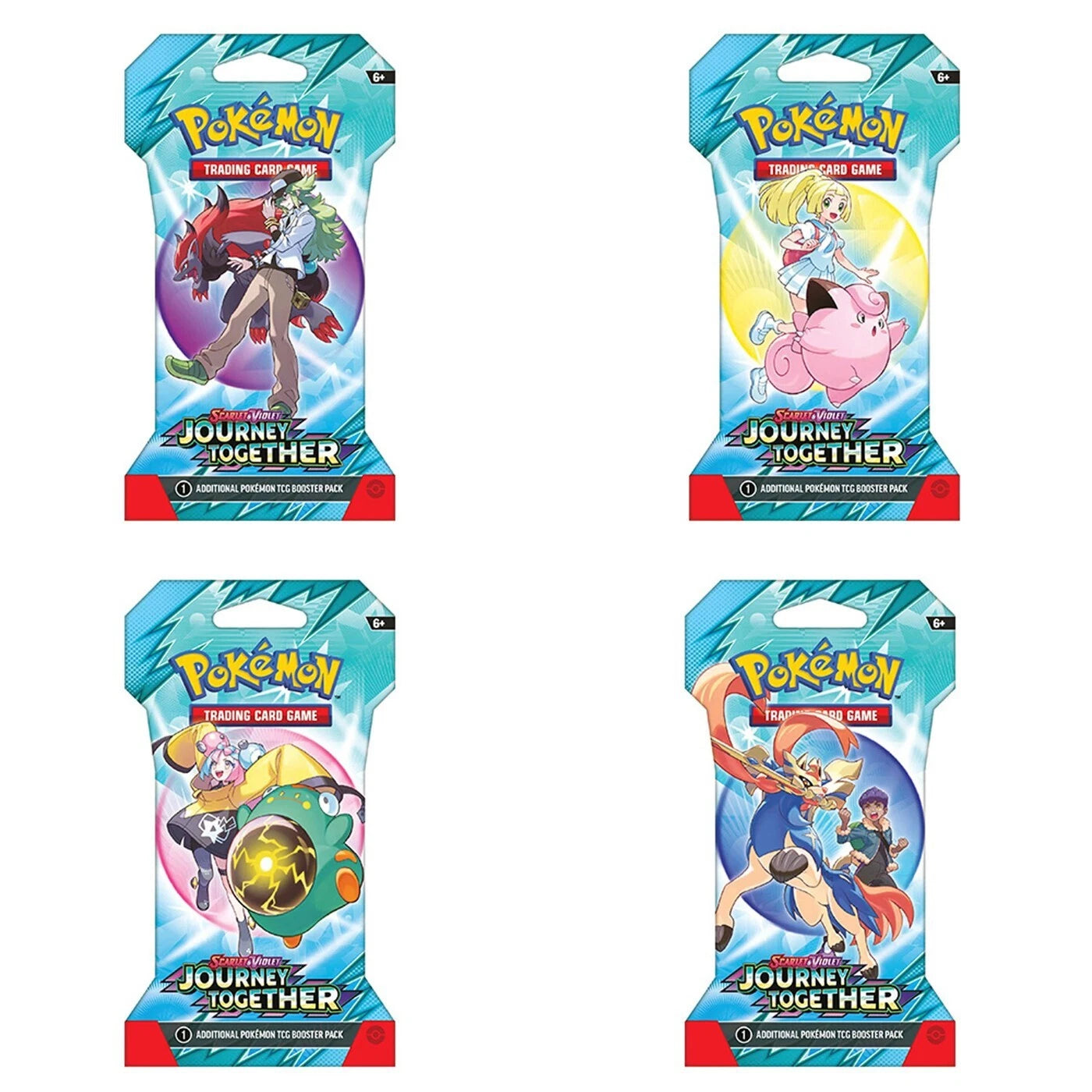 Four packs of Pokémon Trading Card Game 'Journey Together' on a white background