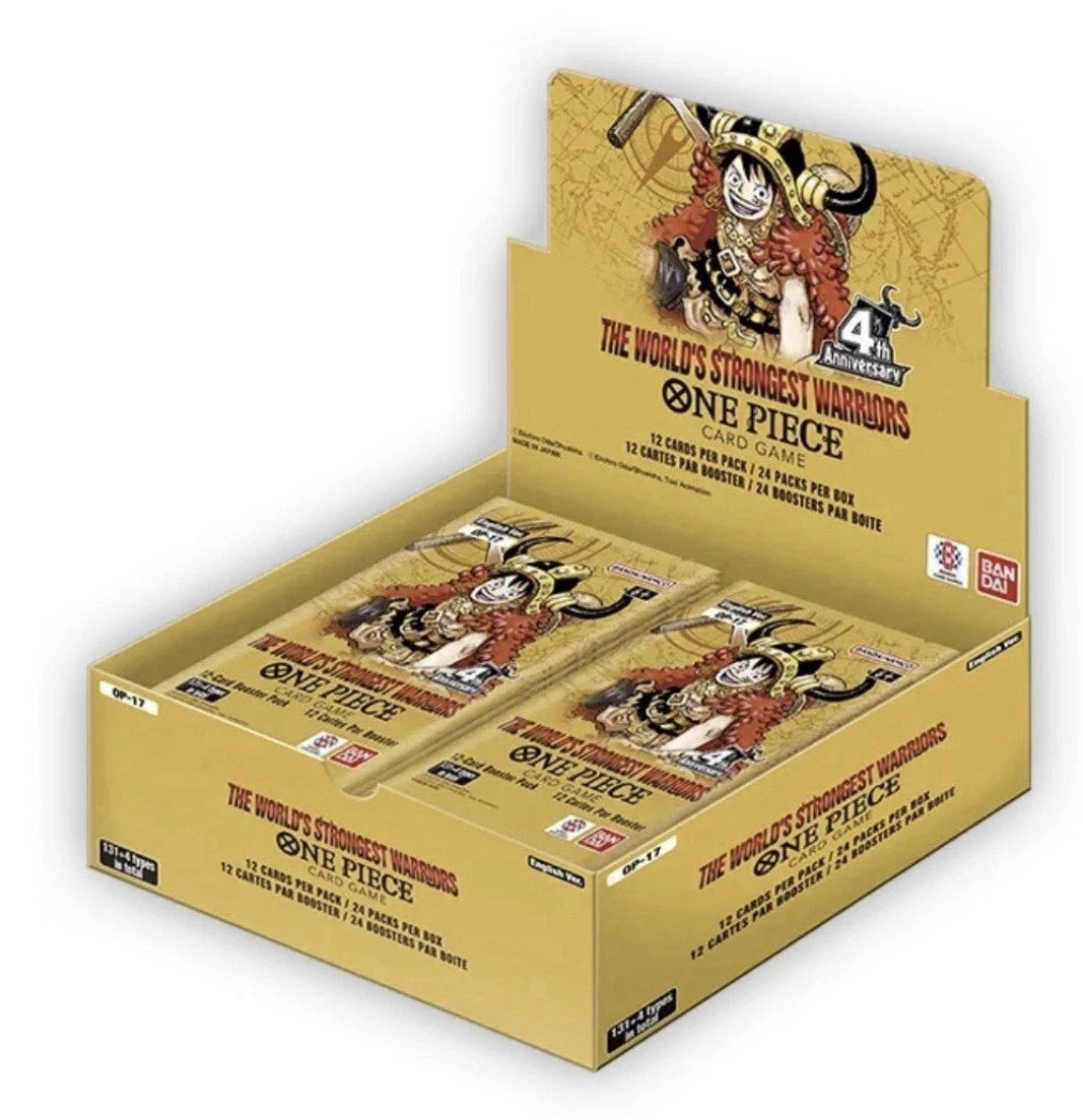 A display box of One Piece Card Game booster packs for the OP-17 'The World's Strongest Warriors" set, featuring the character Roronoa Zoro on the packaging with a gold and beige color scheme.