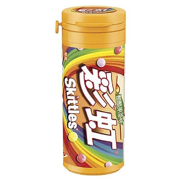 A tall, cylindrical yellow Skittles Tube Fruit Tea 30g (China) container by Twice as Sweet, with a flip-top lid, rainbow design, and Skittles branding in English and Chinese for these fruity chewy sweets.