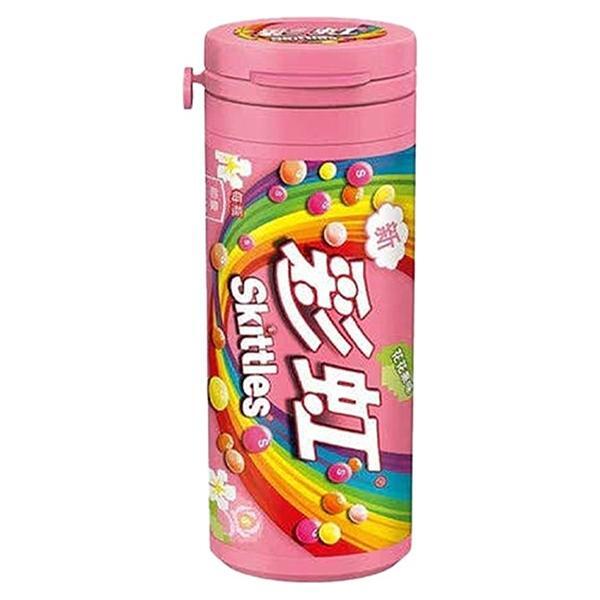 The Twice as Sweet Skittles Tube Flower and Fruit 30g (China) features a pink container with vibrant rainbow graphics, Chinese text, fruity candy images on the label, and a branded pink lid for an eye-catching treat.