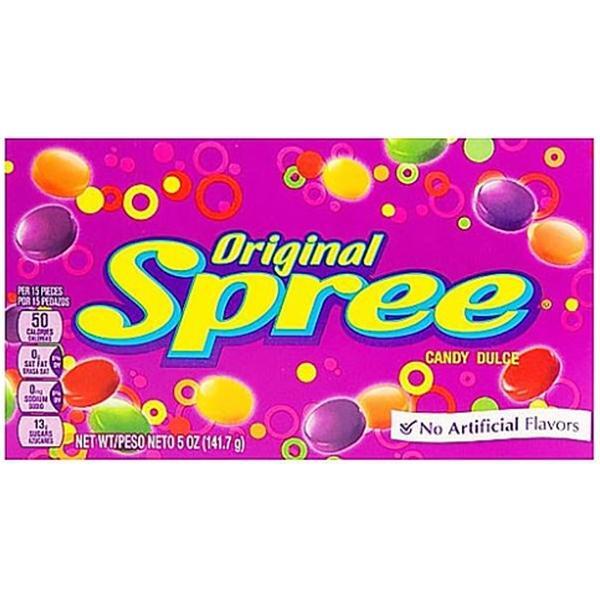 Original Spree Theatre Box 141g (USA) by Twice as Sweet features vibrant fruity candies in a colorful box with bold yellow and green text, No Artificial Flavors label, and nutrition facts on a pink background.