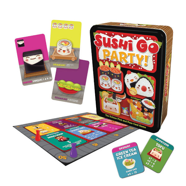 Sushi Go Party! board game set with cards and mat on a white background