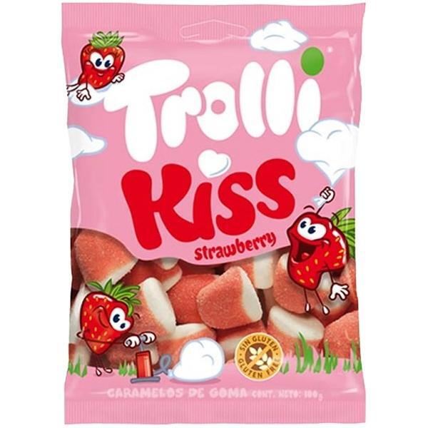 A 100g pink bag of Twice as Sweet Trolli Strawberry Kiss gummies from Spain, with smiling strawberries, white clouds, a clear window showing candy inside, and a gluten-free label.