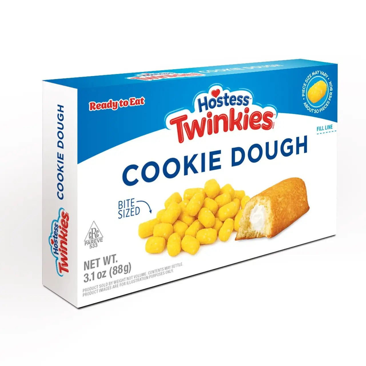 A box of Twice as Sweet Hostess Twinkies Cookie Dough Bites 88g (USA), labeled Ready to Eat, displays bite-sized yellow cookie dough snacks and a cream-filled Twinkie on the front. Net weight: 3.1 oz (88g).