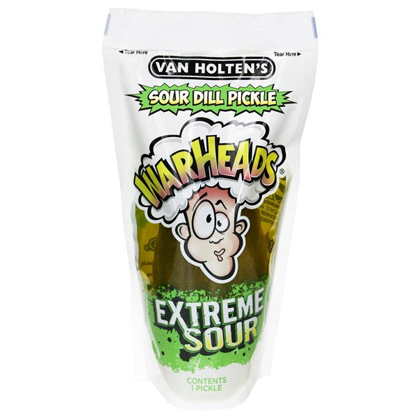 The Twice as Sweet Van Holtens Warheads Pickle (USA) comes in a clear, stand-up pouch with a cartoon shocked face and bold “Extreme Sour” text—ideal for those who love intensely sour pickles.