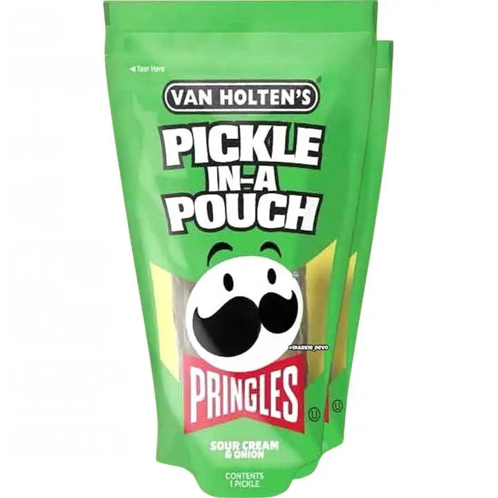 A green pouch labeled "Van Holten's Pringles Sour Cream & Onion Pickle (USA)" from Twice as Sweet shows a cartoon pickle with a Pringles face, combining two classic American snacks in one. Includes one pickle.