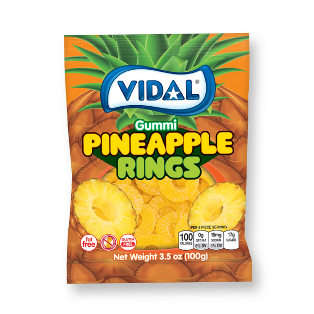 Twice as Sweet Vidal Pineapple Rings 100g (Spain): This vibrant bag features pineapple slice images and bold yellow text, showcasing fat free, gluten free gummies. Nutrition facts are displayed on the back of the package.