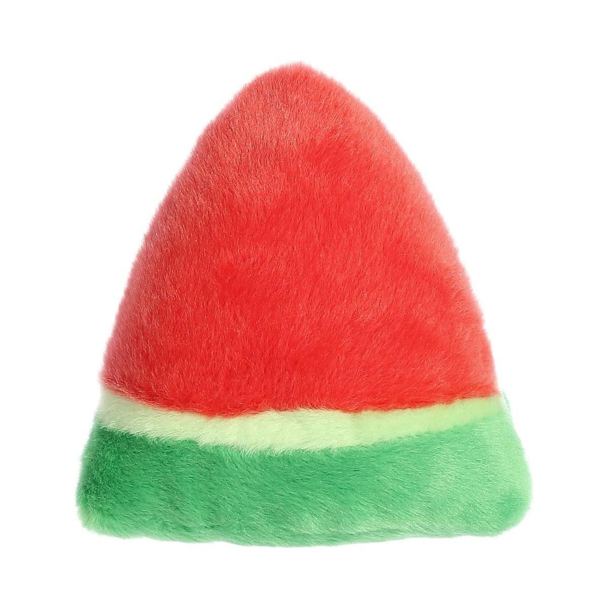 The Twice as Sweet Palm Pal Sandy Watermelon is a soft, plush toy shaped like a watermelon slice, featuring a fuzzy red top, light green stripe, and green base—perfect for fans of cute summer fruit designs.