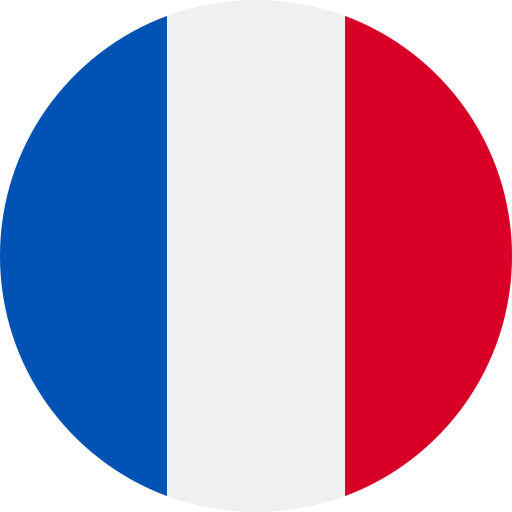 A circular icon of the French flag with three vertical stripes: blue on the left, white in the middle, and red on the right.