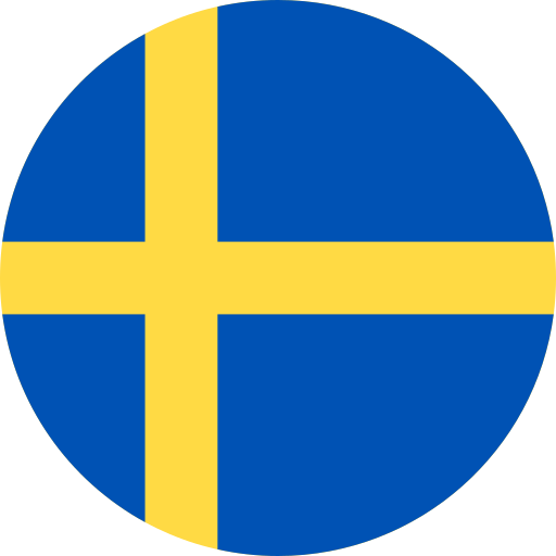 A circular icon of the Swedish flag, featuring a yellow Scandinavian cross on a blue background. The cross is off-center, following the traditional Nordic flag design.
