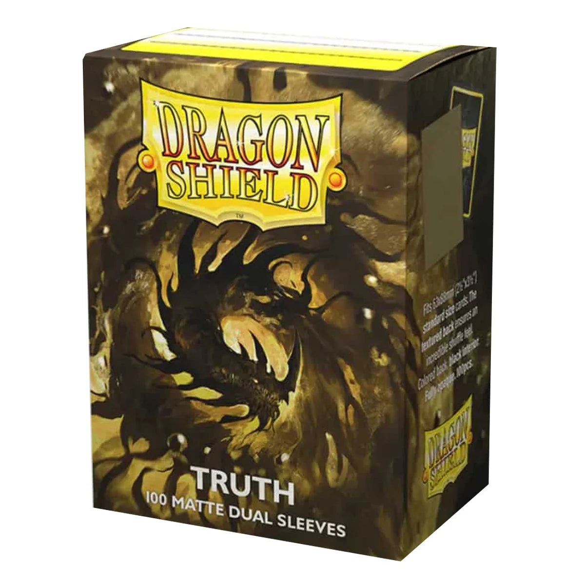 Dragon Shield Truth 100 Matte Dual Sleeves box, featuring a dark brown and black dragon illustration with a yellow logo banner.