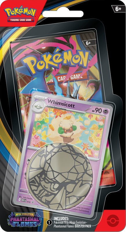 Pokémon trading card game pack with Whimsicott card and Pokémon branding.
