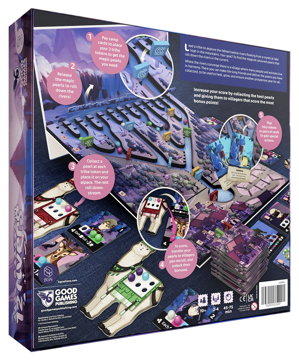 Board game box with colorful illustrations and text on a blue background for the board game '12 Rivers'