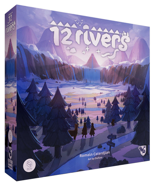 Board game box titled '12 Rivers' with a scenic illustration on the cover.