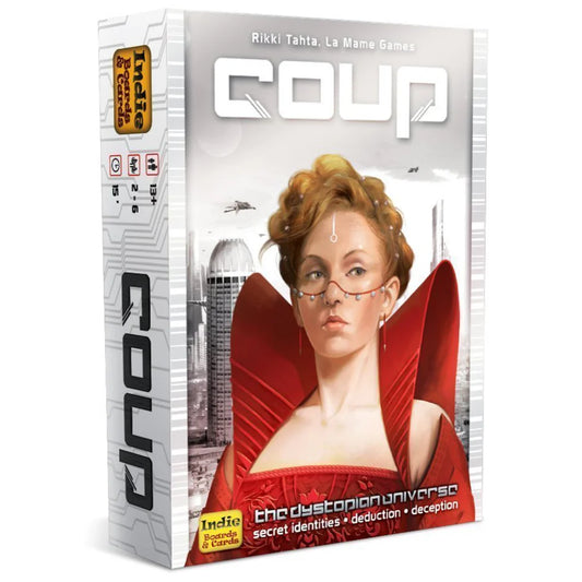 Board game box for 'Coup' front view with a stylized woman's face on the cover